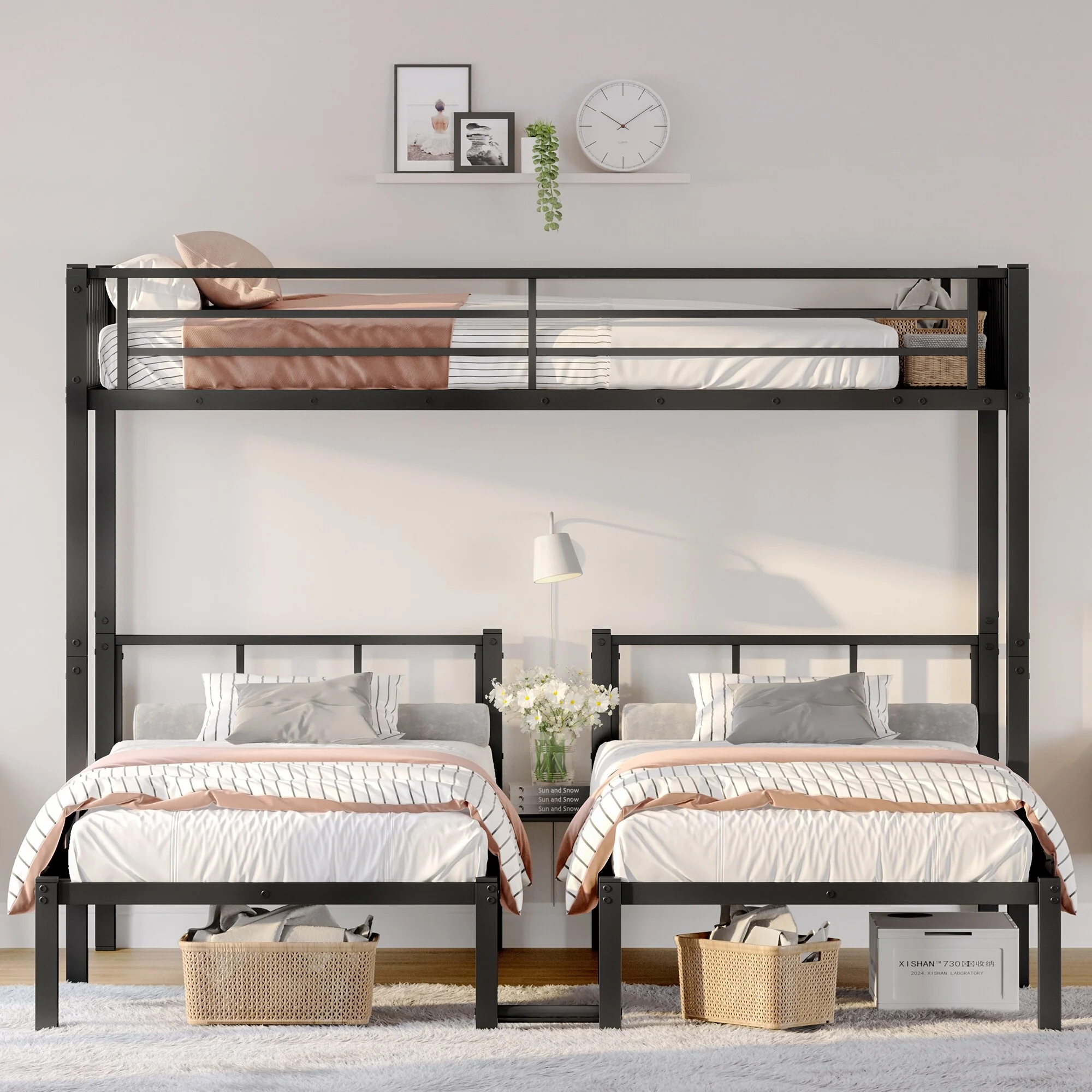 Twin over Twin & Twin Bunk Beds for 3, Twin XL over Twin & Twin Bunk Bed Metal Triple Bunk Bed, Black