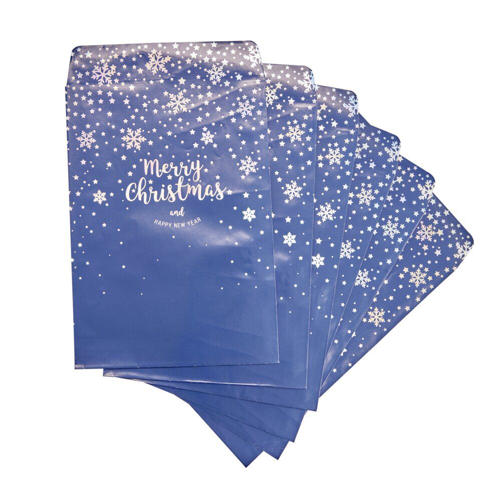 Pochette cadeau No&euml;l x6 Merry Christmas and Happy New Year bleu étoilé 20x28cm
