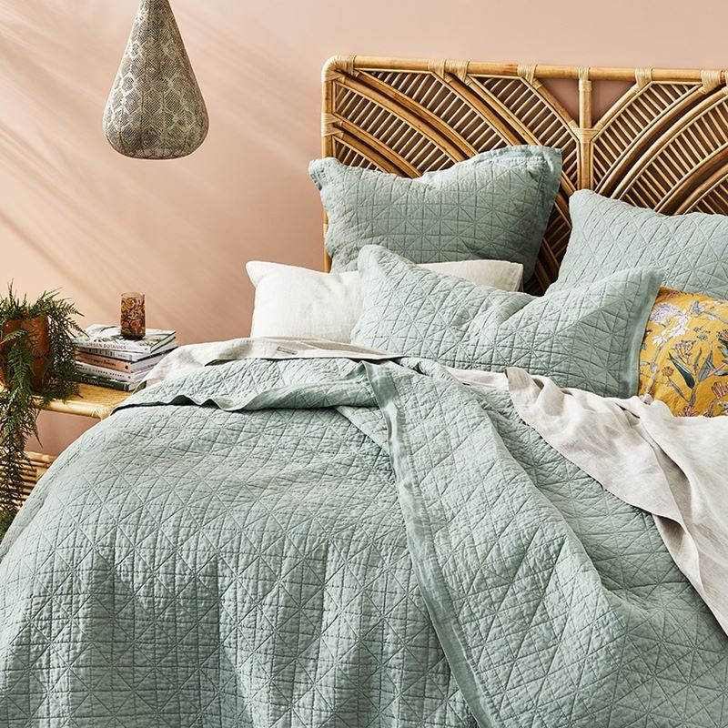 Vintage Washed Linen Eucalyptus Quilted Pillowcase