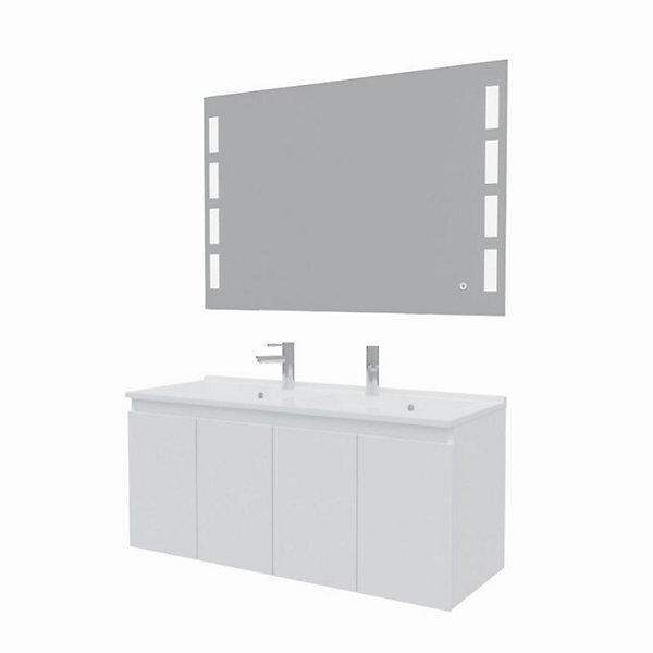 Meuble PROLINE 120 cm avec plan double vasque et miroir Prestige Plus- Blanc- Plan vasque en Résine