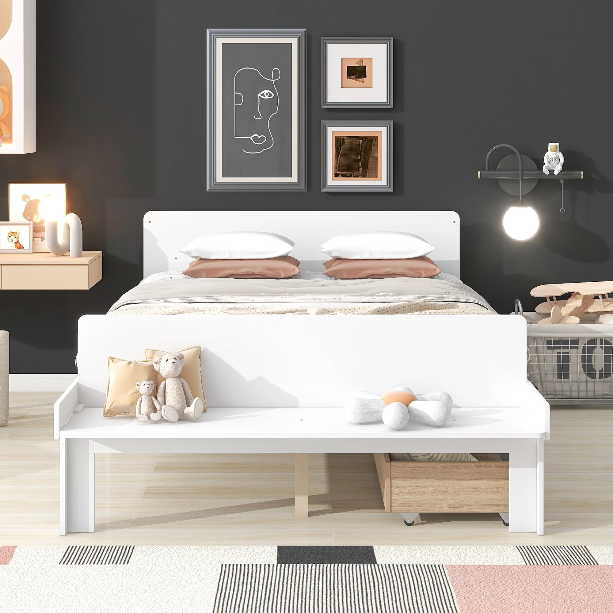 Modern Full Bed with Built-in Bench and Storage Drawers