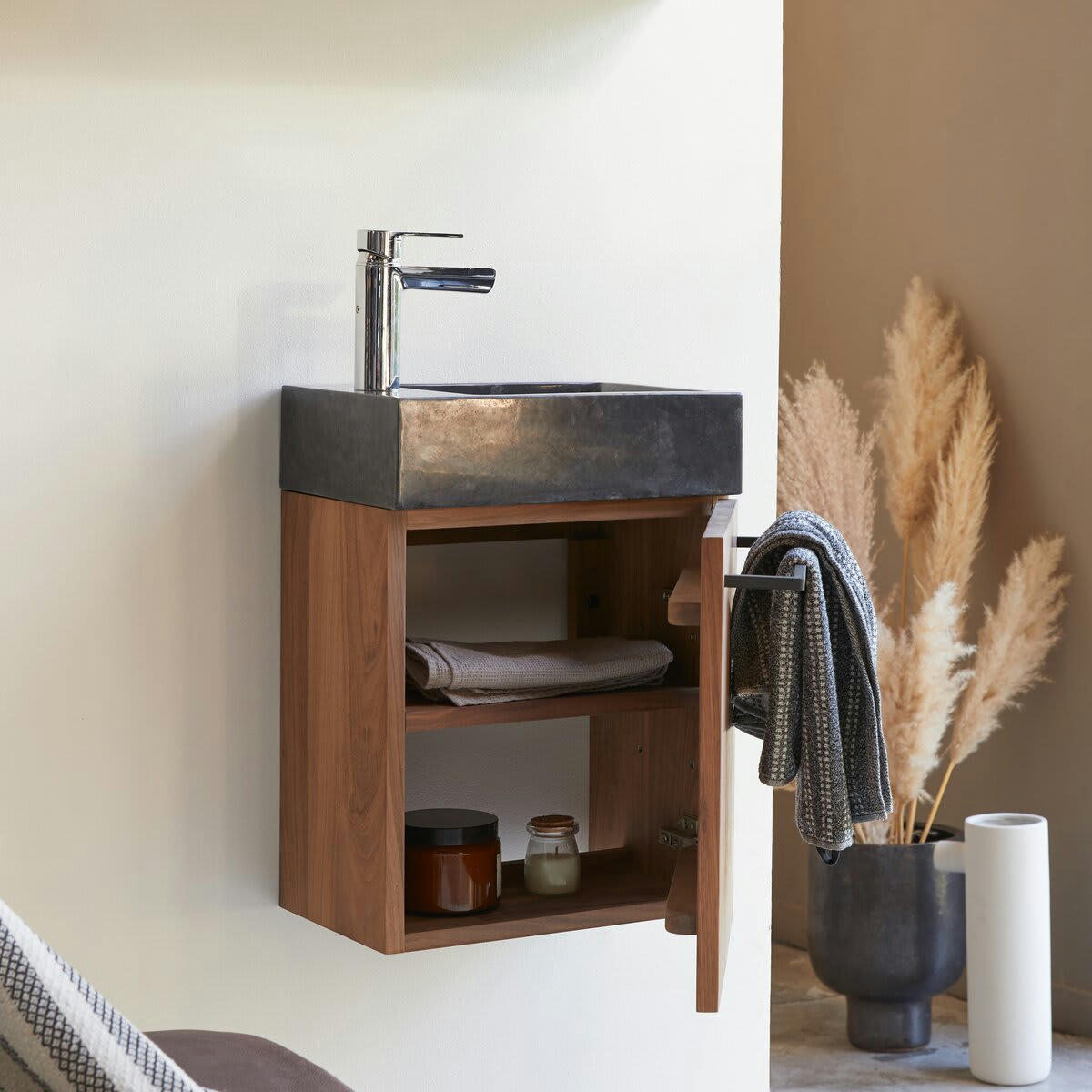 STELLE - Meuble Lave main en noyer massif et marbre noir