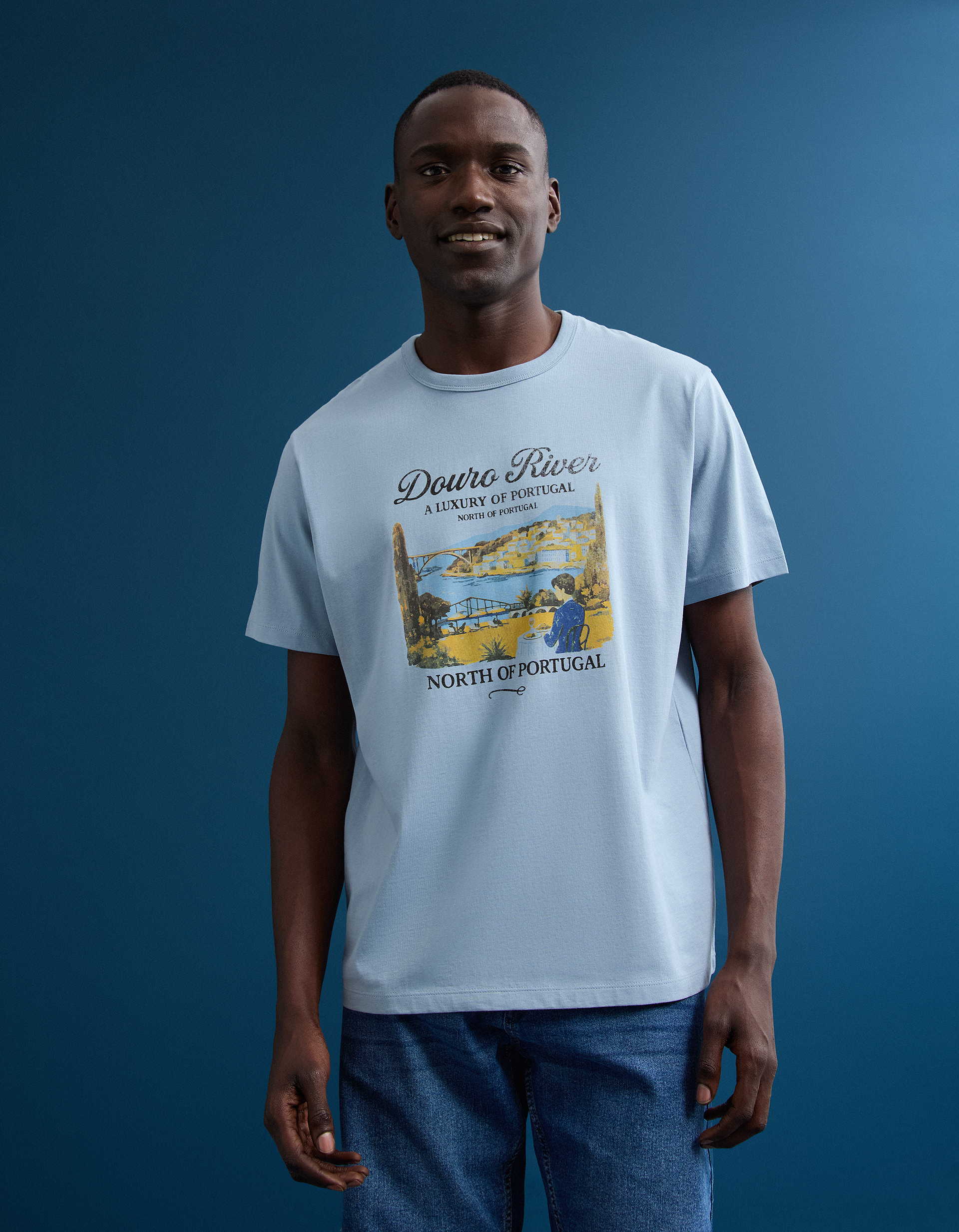 T-shirt Jersey Estampada, Homem, Azul Claro