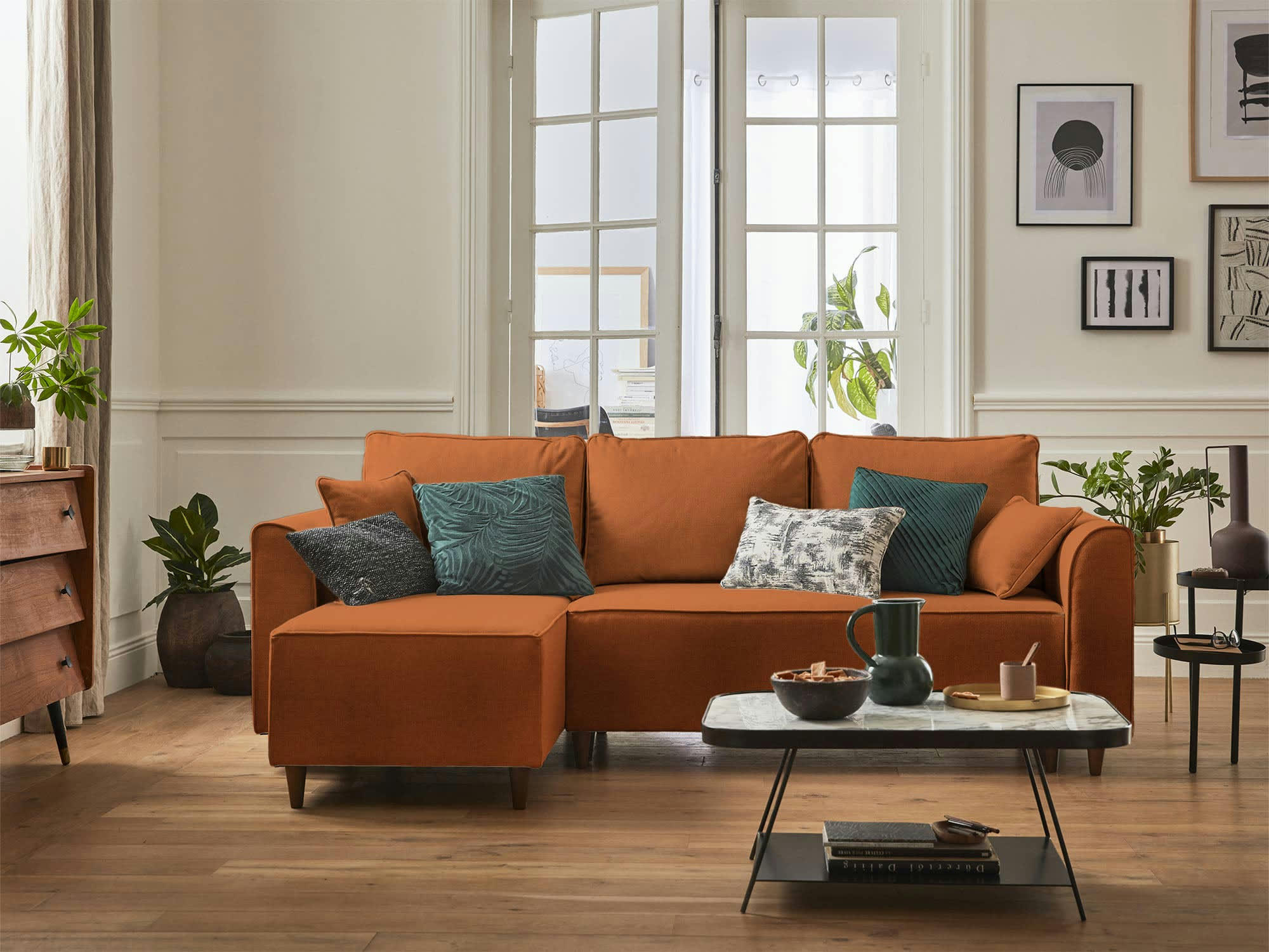 SAPHIR - Canapé d'angle réversible convertible 4 places en tissu rouille