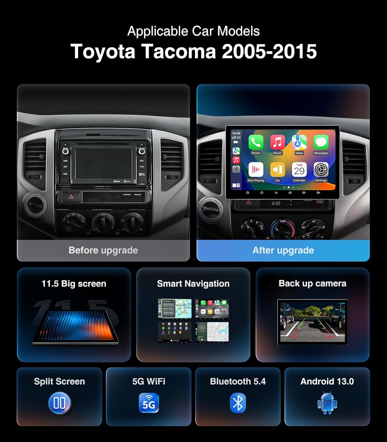 11.5 Car Stereo Radio for Toyota Tacoma 2005-2015 Upgrade CarPlay Replacement 4+64G HD Touch Screen Carplay/Android Auto/Android13/GPS Navigation/1080P Backup Camera