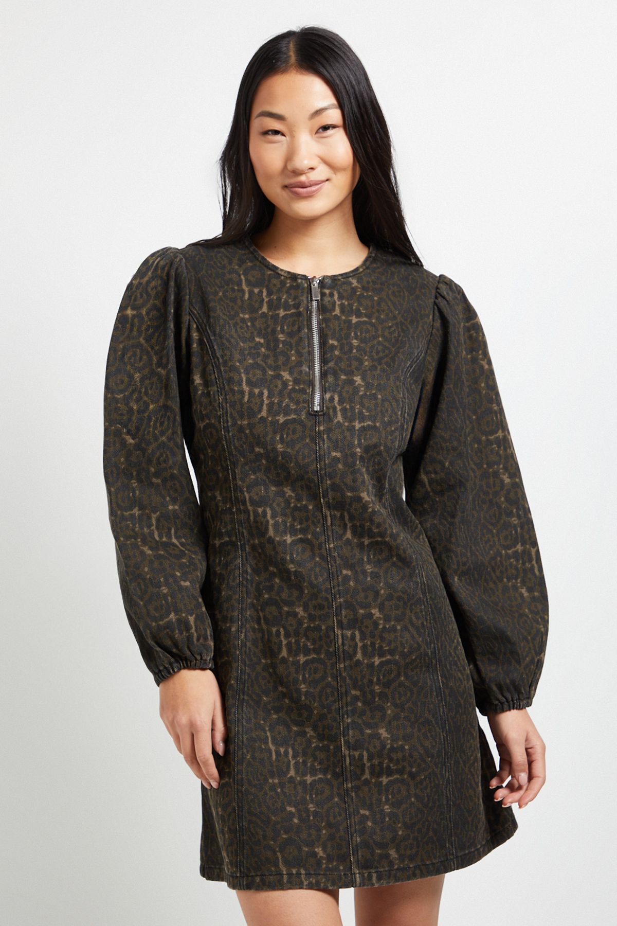 Dorothy Perkins Petite Leopard Zip Front Denim Mini Dress