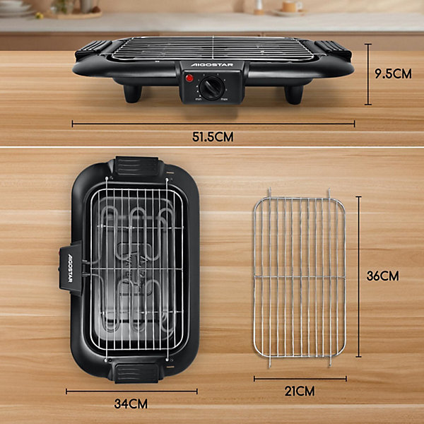 Barbecue Electrique d Intérieur - 2000W - Thermostat - Taille Compacte - Gril sans Fumée Démontable - Utilisation Avec de l Eau