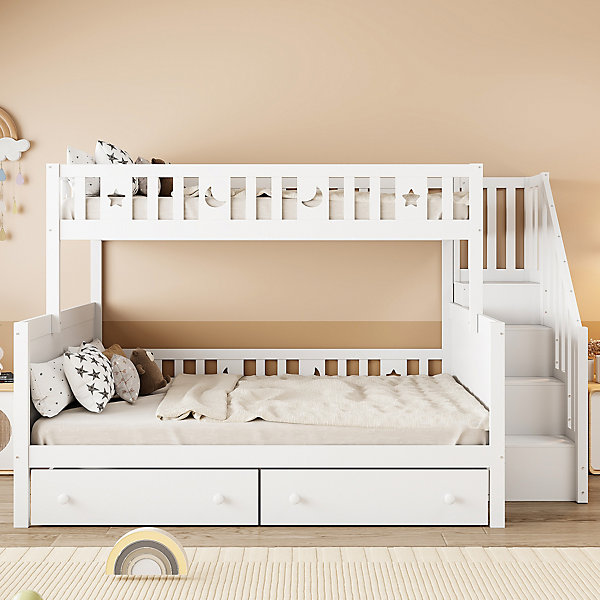Lit Superposé enfant 90x200 cm avec 2 Tiroirs de Rangement, Lit en Bois Massif avec échelle de Sécurité, Blanc - Sans Matelas