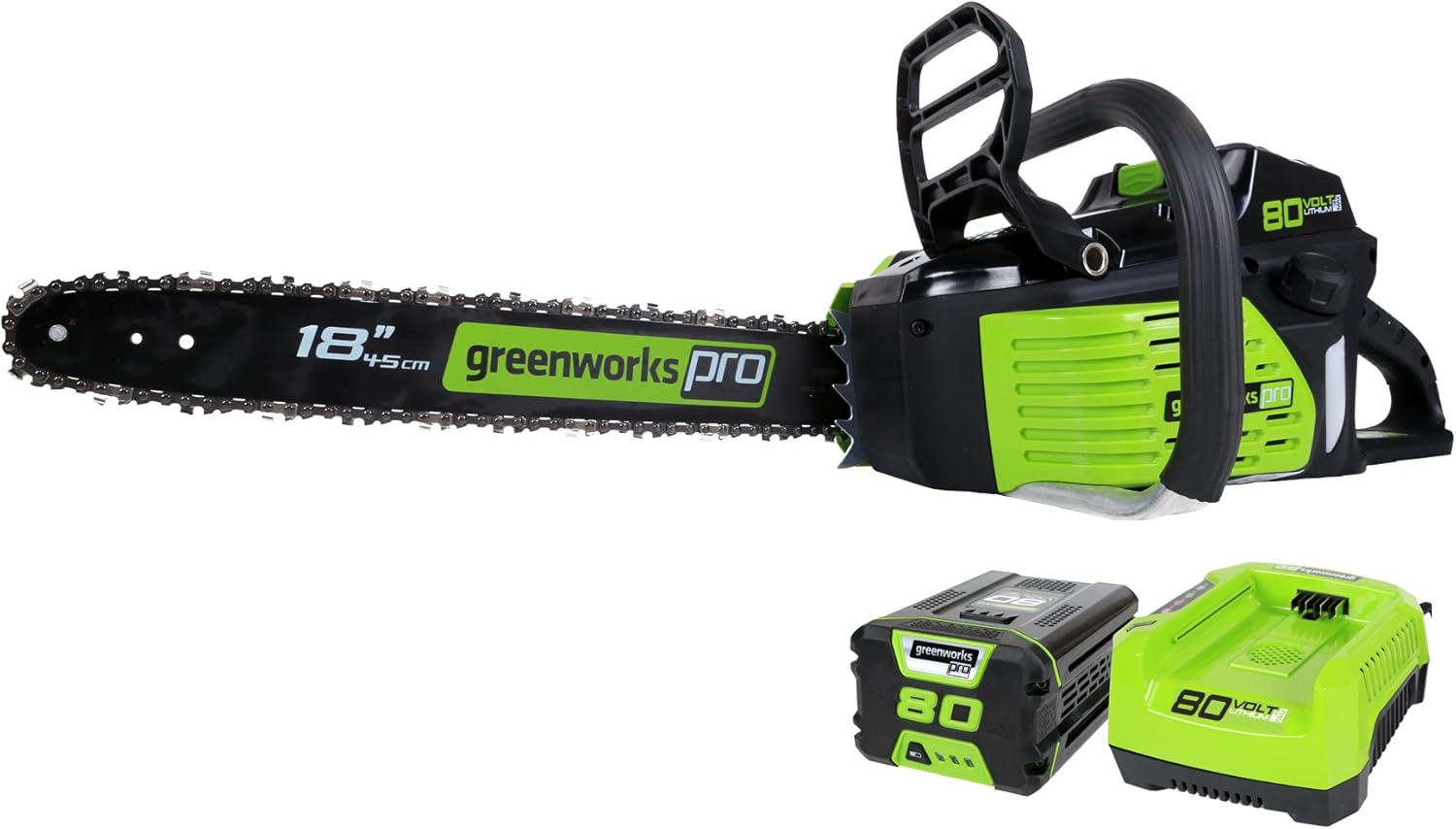Greenworks 80V 18 Brushless Cordless Chainsaw (Great For Tree Felling  Limbing  Pruning  and Firewood) / 75+ Compatible Tools)  2.0Ah Battery and Rapid Charger Included
