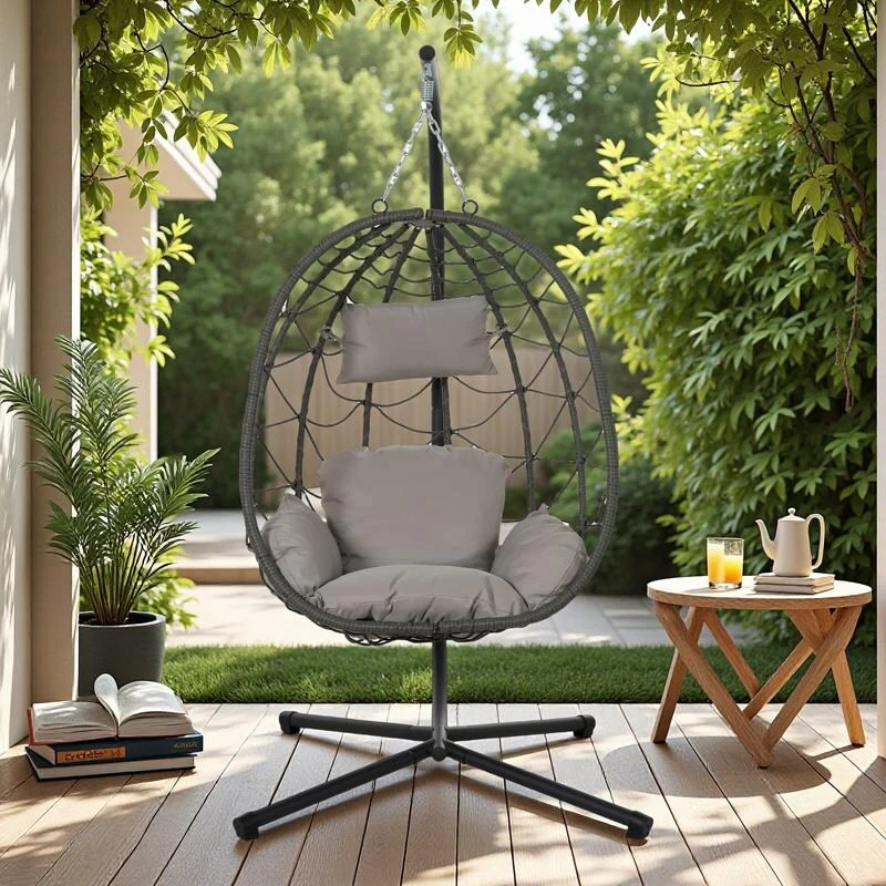 Steel Frame Wicker Egg Chair with Stand and Indoor/Outdoor Hanging Swing Chair