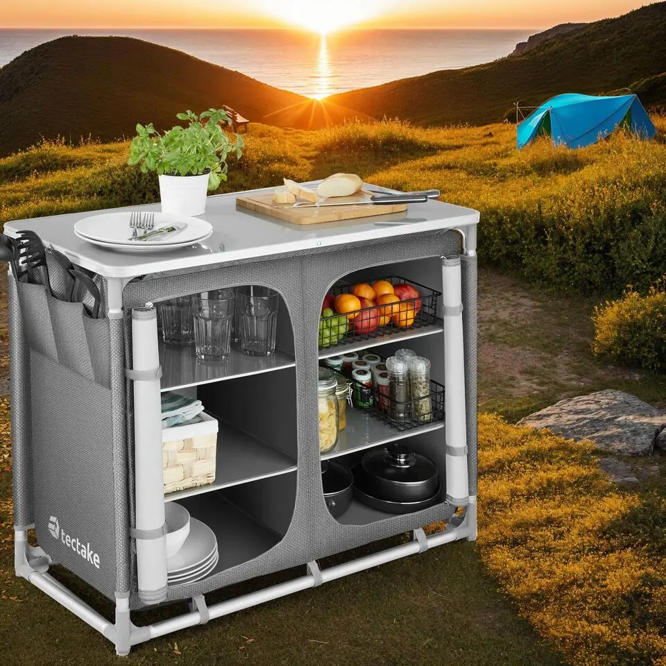 tectake - Campingkeuken 97x47,5x78cm, Grijs
