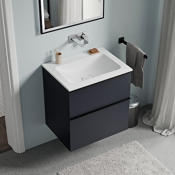 Meuble vasque suspendu MDF Bleu nuit mat, lavabo fonte Blanc mat sans trou robinet, poignée Noir mat - 60x46x62cm - LAVOA