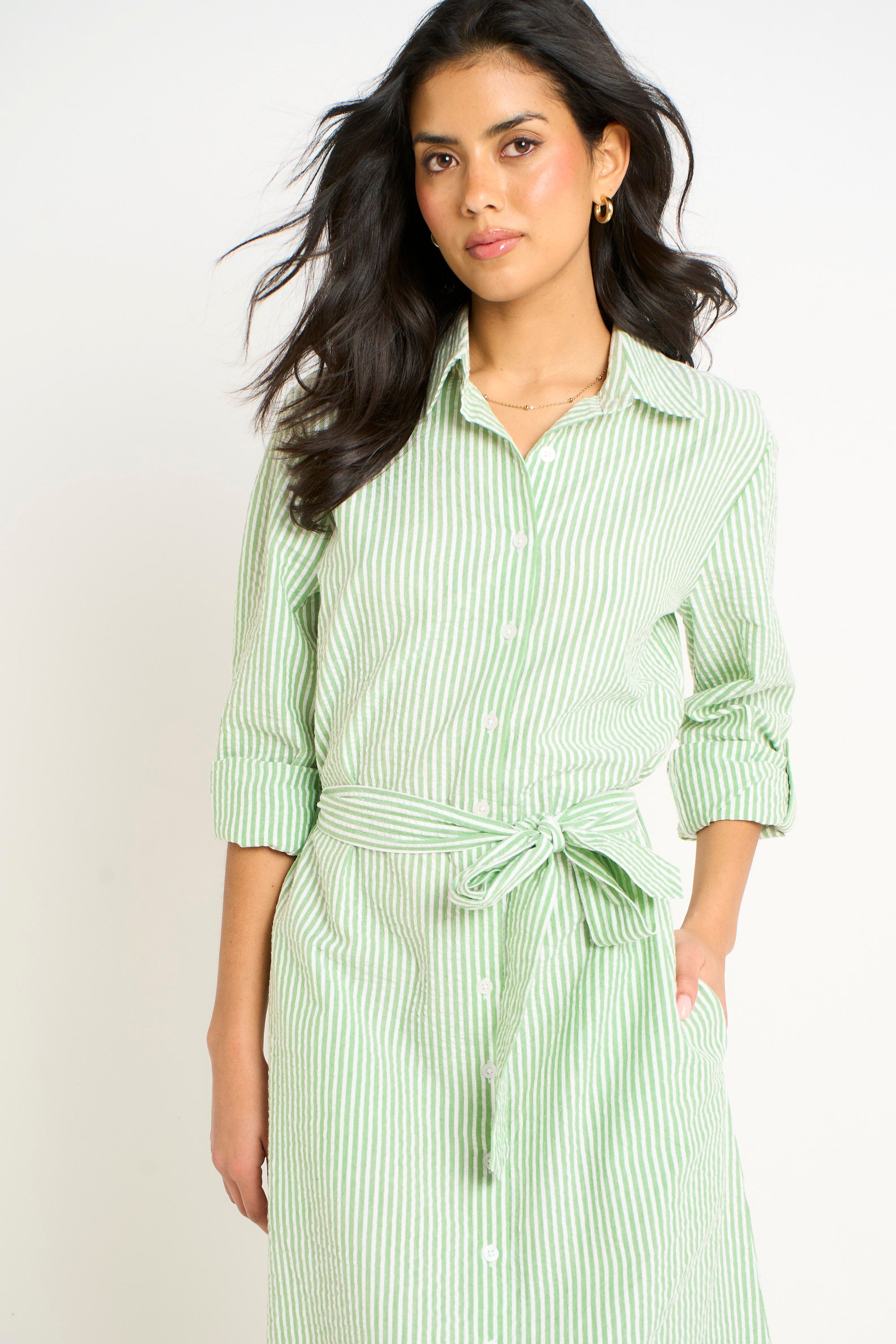 Gini London Green Long Sleeves Seersucker Stripe Shirt Dress