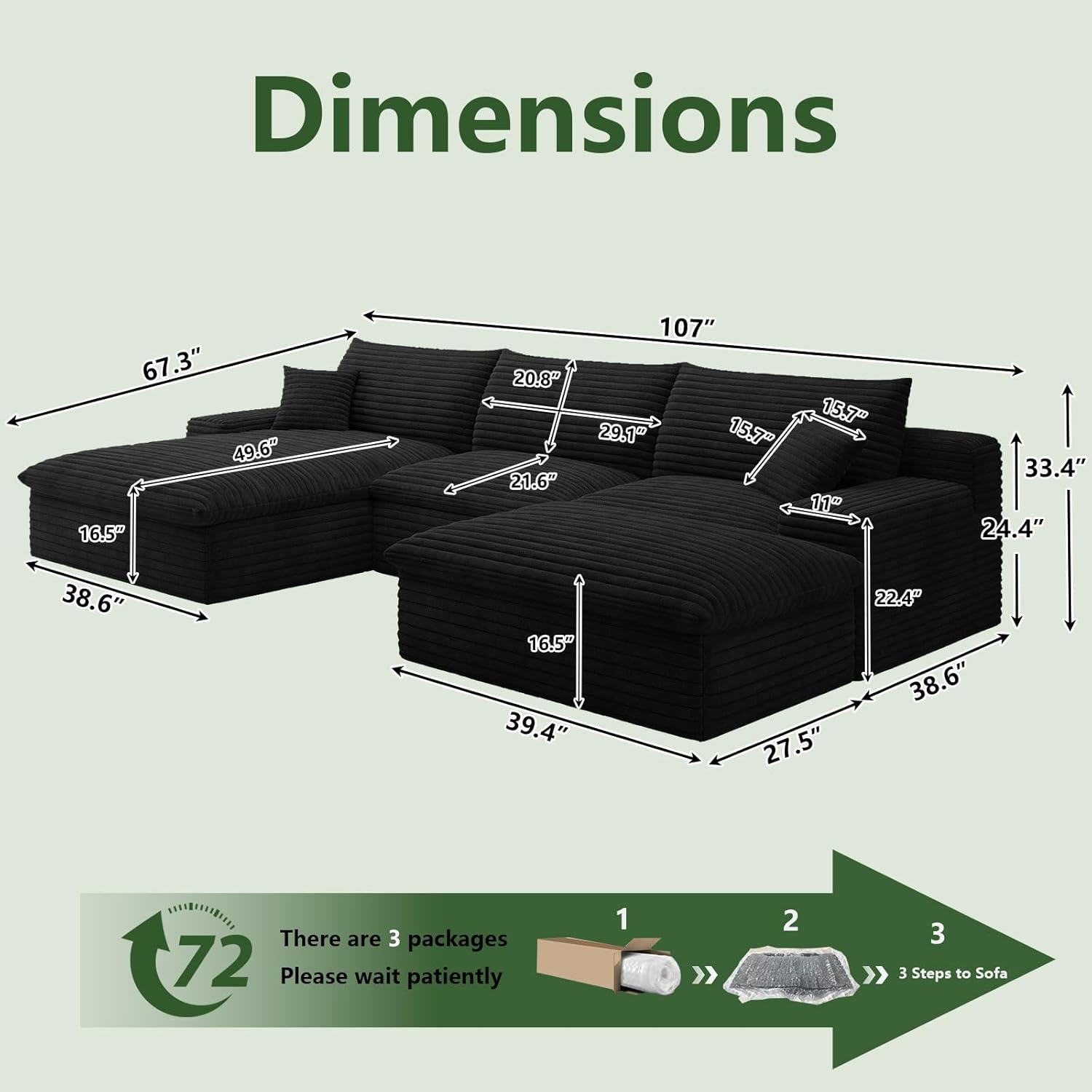 107 Cloud Couch Modular Sectional Sofa for Living Room, U-Shape Boneless Couch with Deep Seat, Modern Corduroy 3-Seater with Ottoman, No Assembly Required (Black,Left-Facing Chaise)