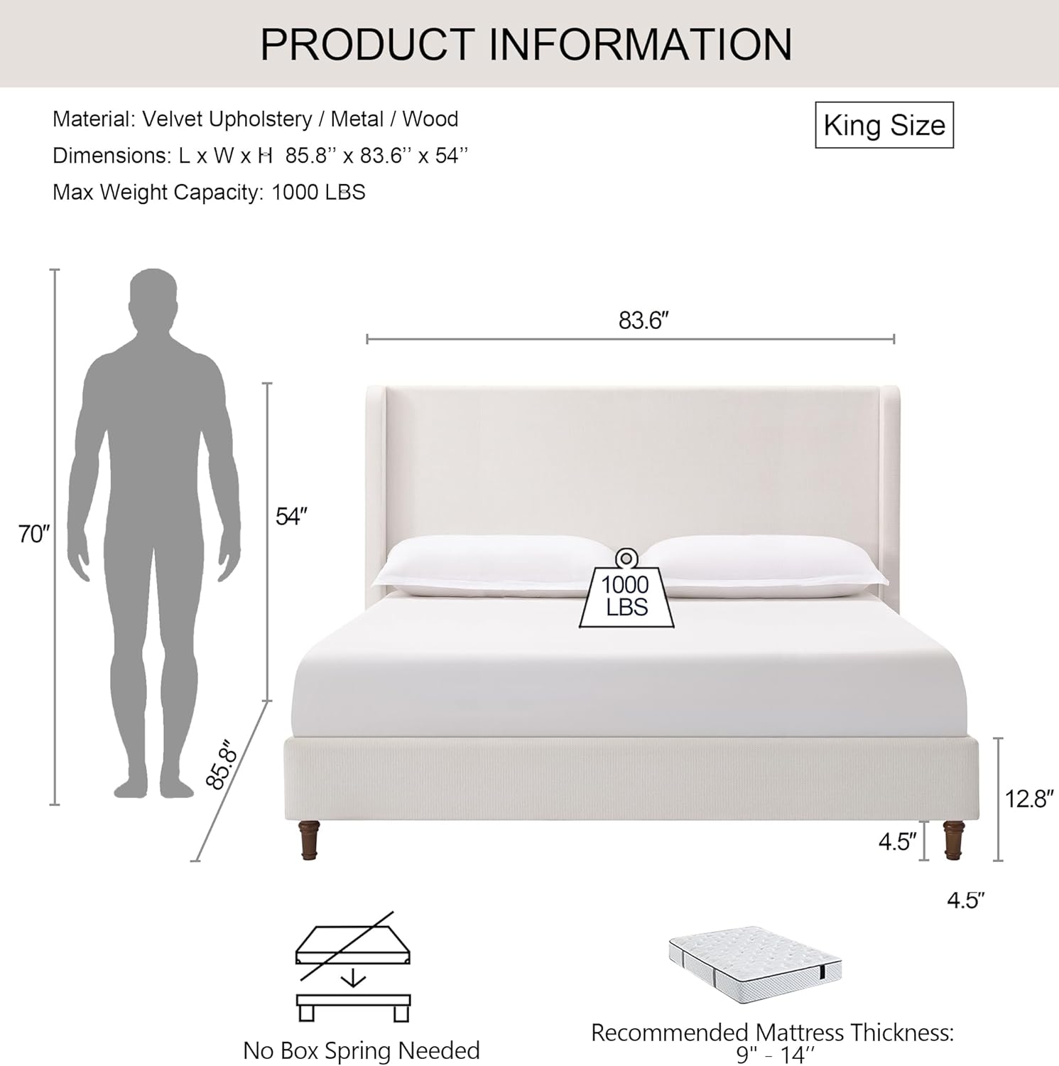 Harper 54 Extra-Tall Headboard Bed Frame - Modern Wingback Upholstered Platform Bed, 1000lbs Heavy Duty Support, Textured Chenille, No Box Spring Needed (Cream White King U.S. Standard)