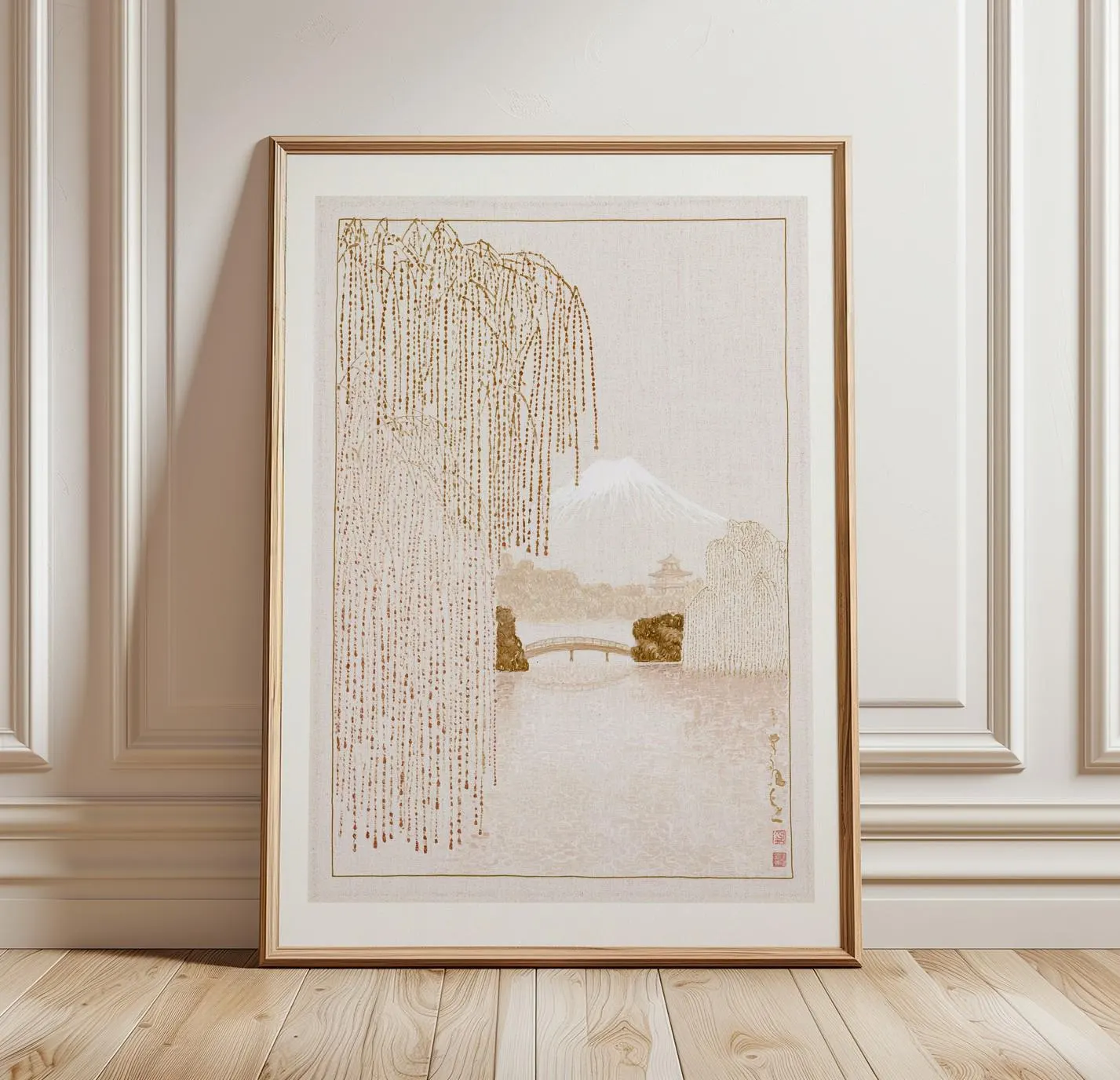 Japanese Mt Fuji Landscape Print | Asian Willow Tree Wall Art | Minimalist Neutral Decor