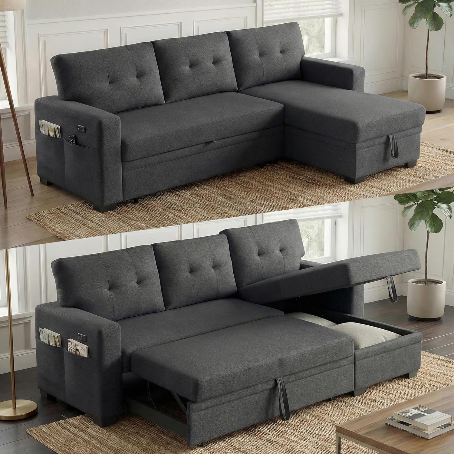 Convertible Sleeper Sofa Bed with Pull Out Couch, L Shaped Couch with Chaise Storage, USB Charge & Side Pocket, Small Sectional Couches for Living Room, Apartment | Linen Fabric | 82 | Dark Grey