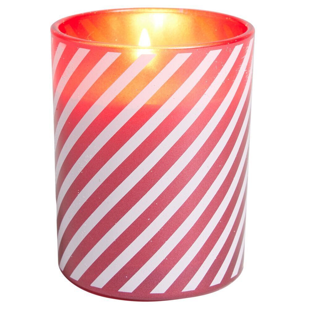 Bougie de No&euml;l dans verre rouge et blanc senteur pomme cannelle 40H - Ø8xH10cm