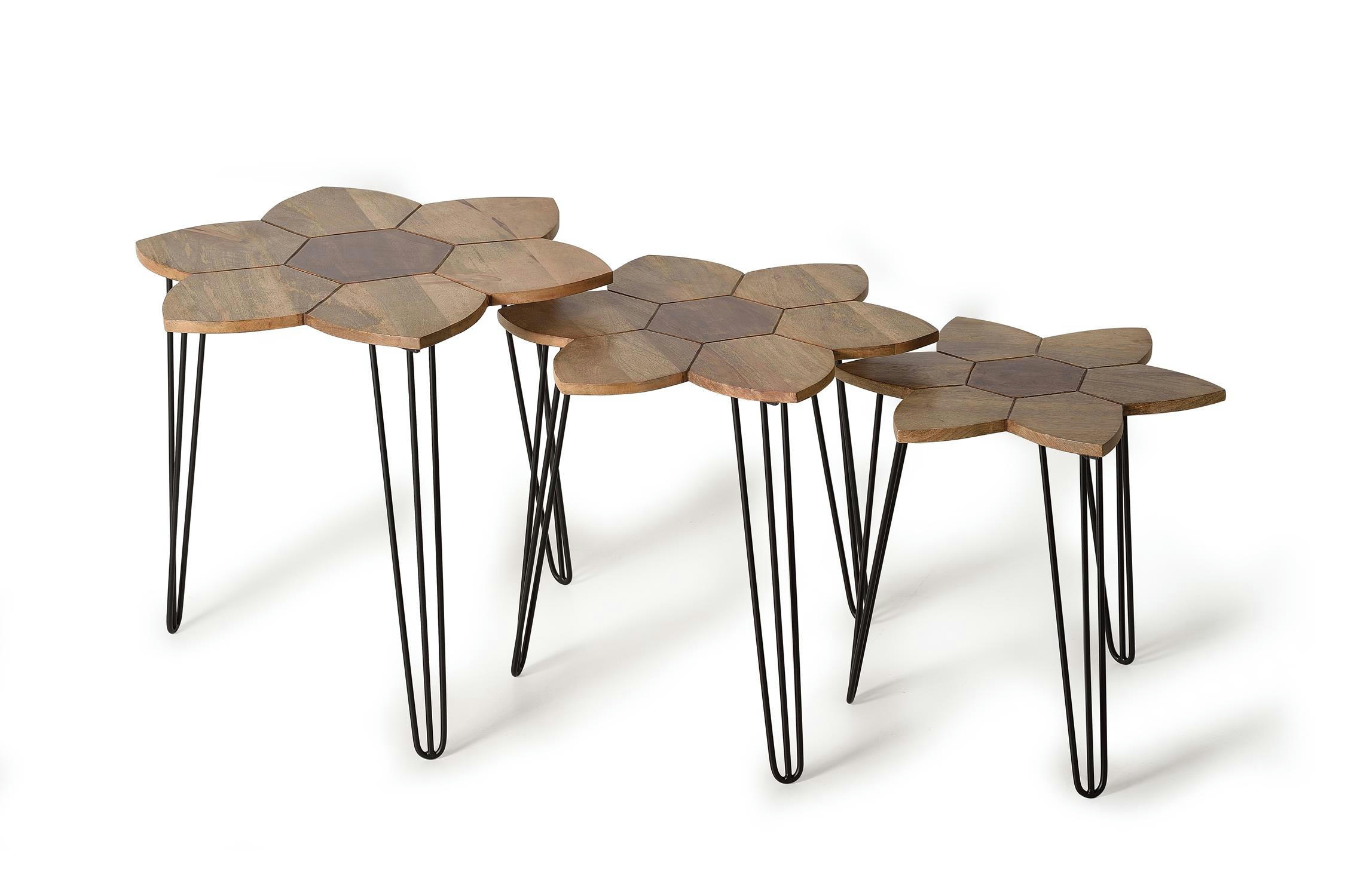 - Set de 3 tables basses plateau manguier et piètement métal