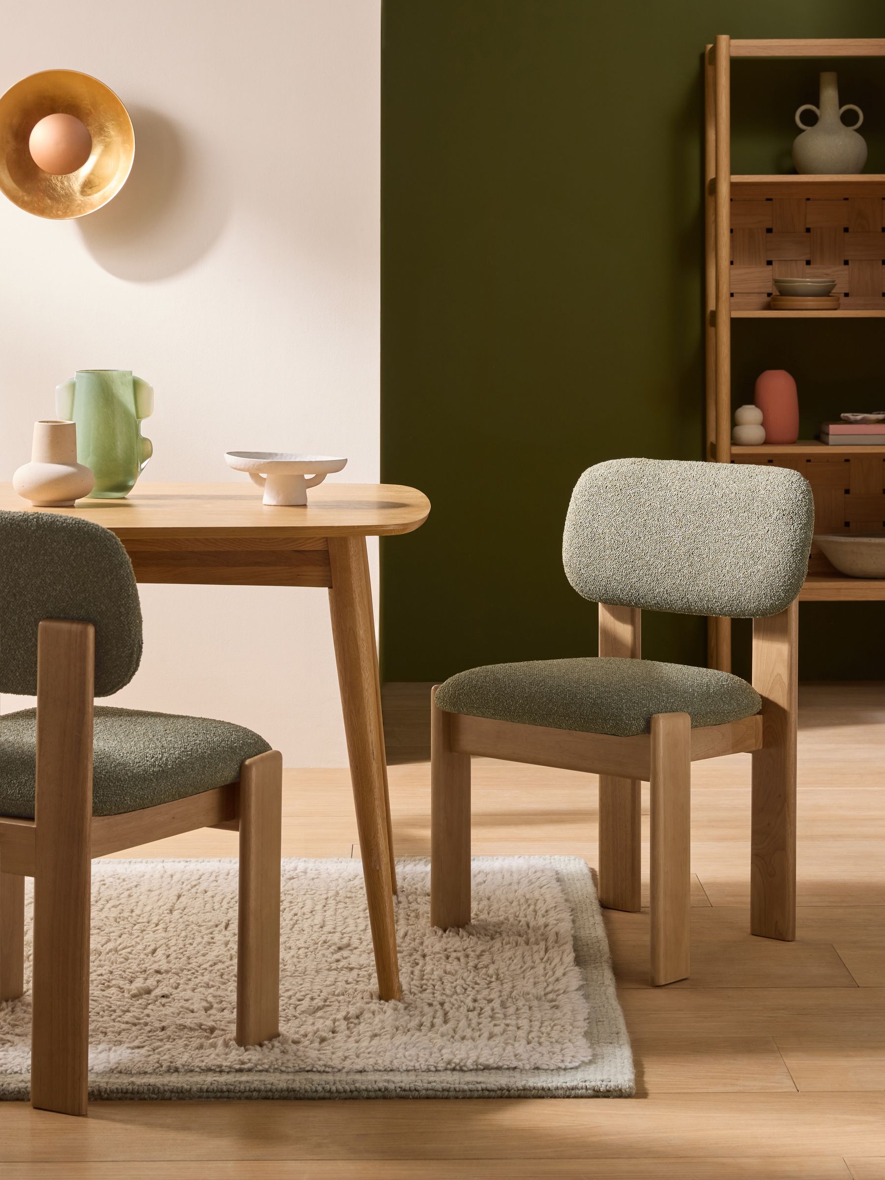 Set of 2 Colton Dark Stain Dining Chairs in Green Boucle