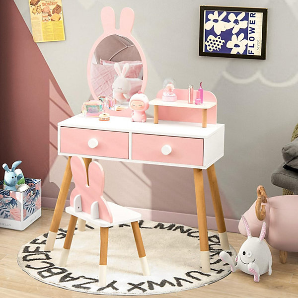 Ensemble de Coiffeuse de Maquillage Princesse 2 en 1 avec Tabouret et Miroir en Forme d oreilles de Lapin Tiroirs Doubles