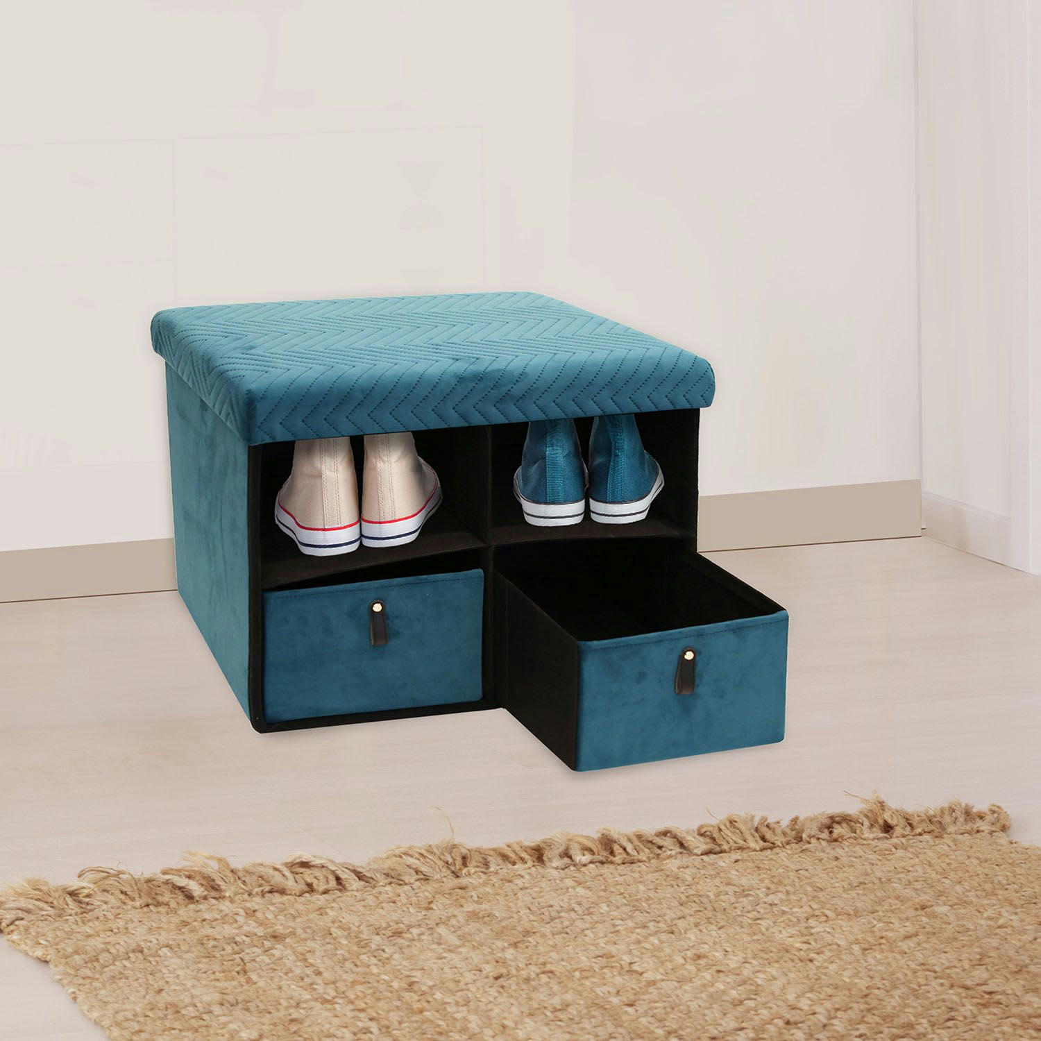 MELI - Banc de rangement pliable design velours bleu