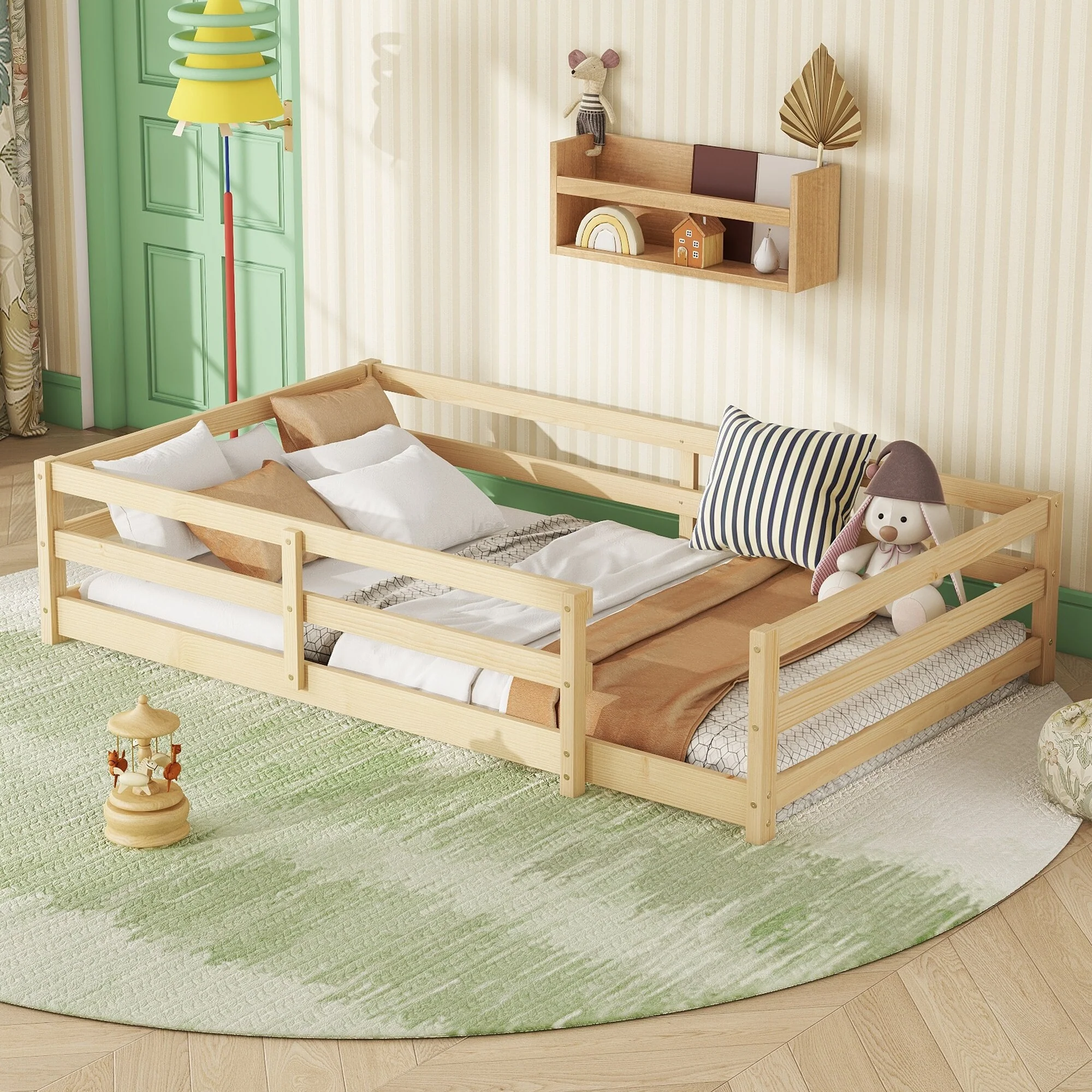 Full Size Montessori Floor Bed with Safety Fence, Solid Pine Wood Frame, Kids Low-Profile Bed for Boys and Girls, Easy Assembly