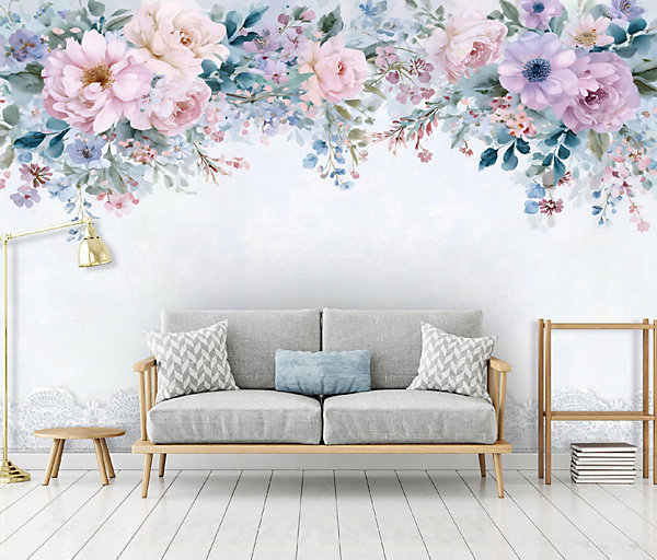 Papier Peint Panoramique Intissé Fleurs Suspendu Bleu - 350x250 cm - Papier Peint Chambre et salon