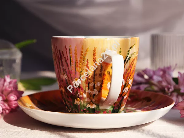 Filiżanka ze spodkiem 0,35 L / 17 cm ręcznie malowana - Łąka brzoskwiniowa (14) DA.FS35-14