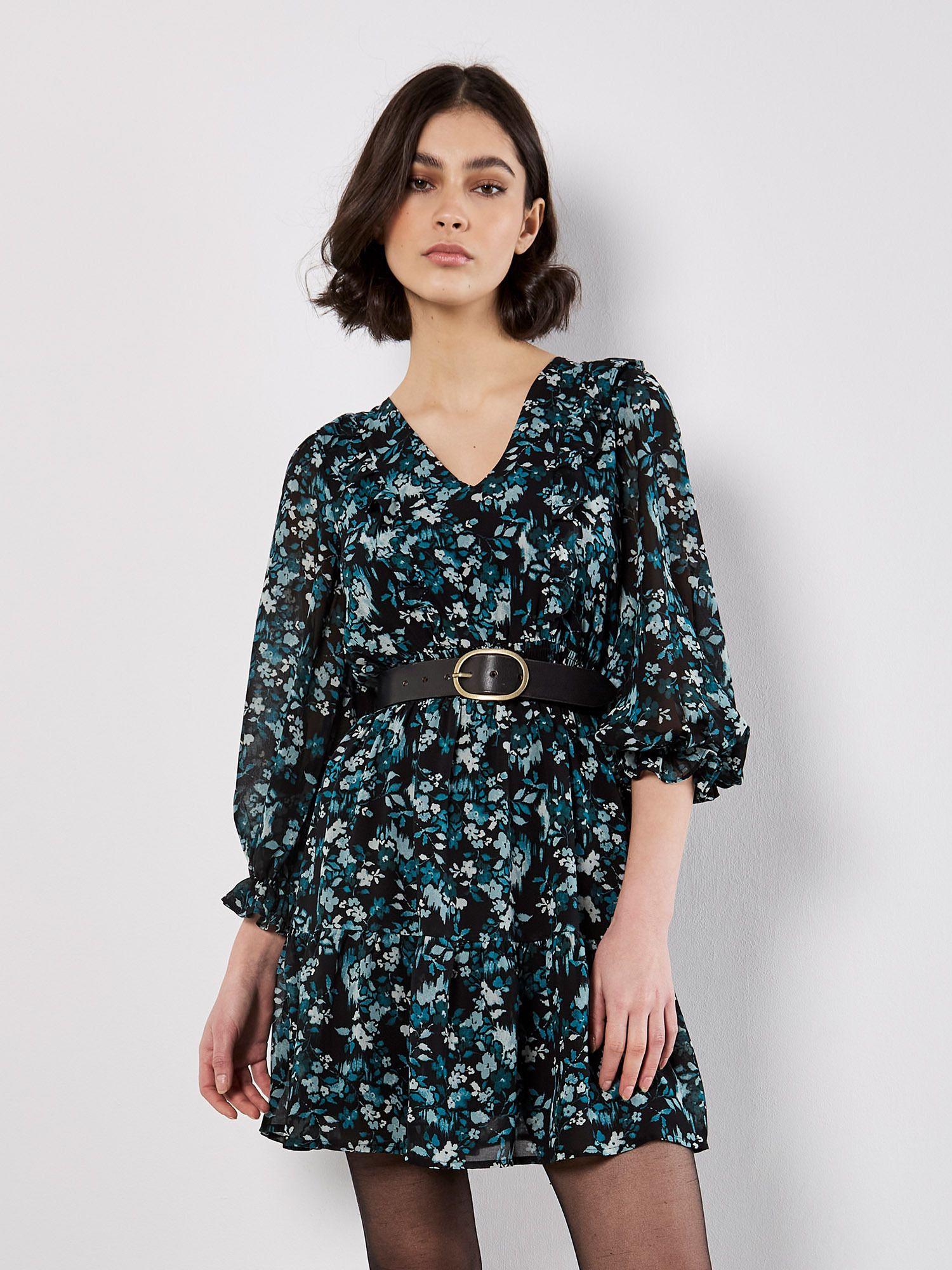 Apricot Ditsy Floral Chiffon Ruffle Dress