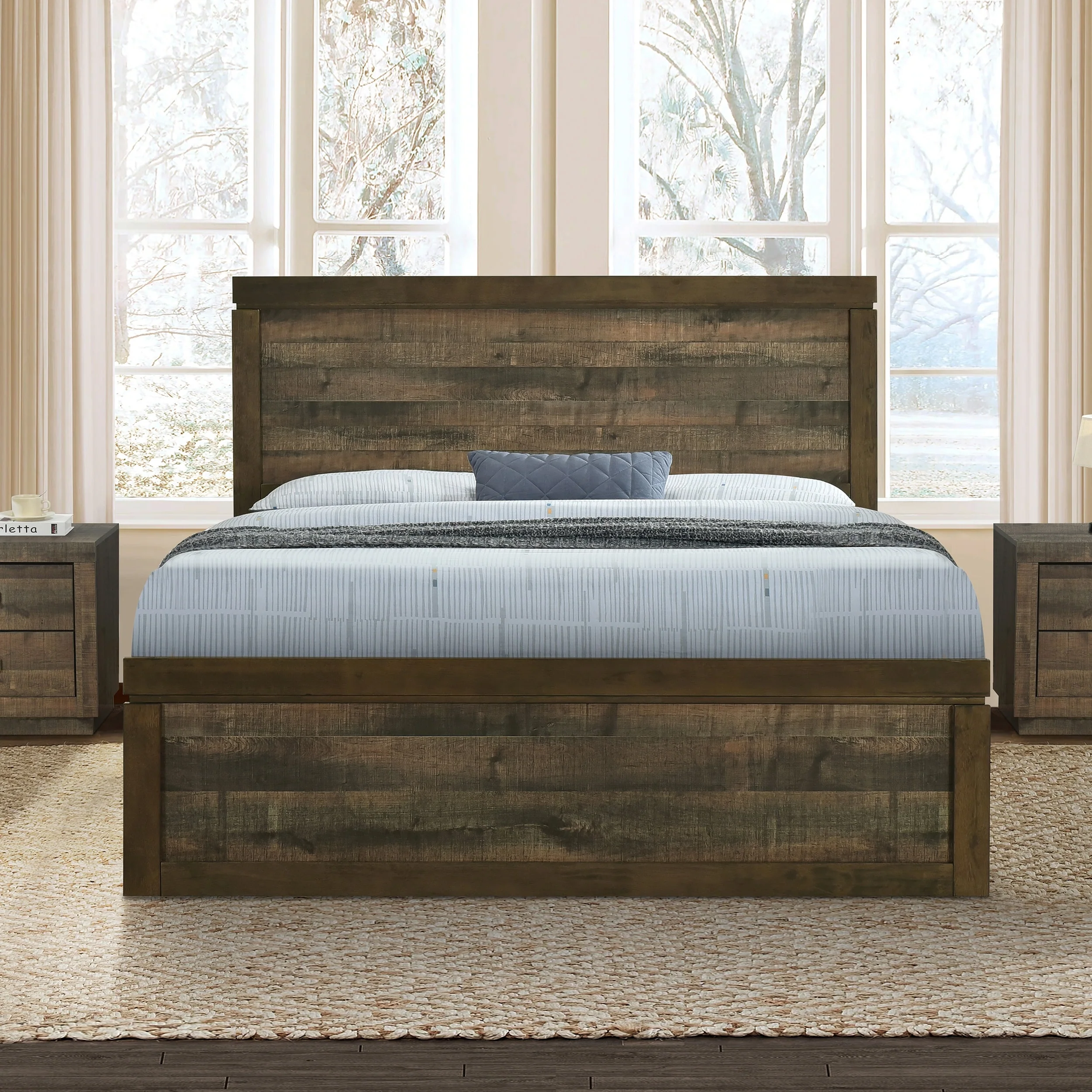 Farmhouse Style Pine Wood Platform Bed Frame - Queen Size, No Box Spring Needed