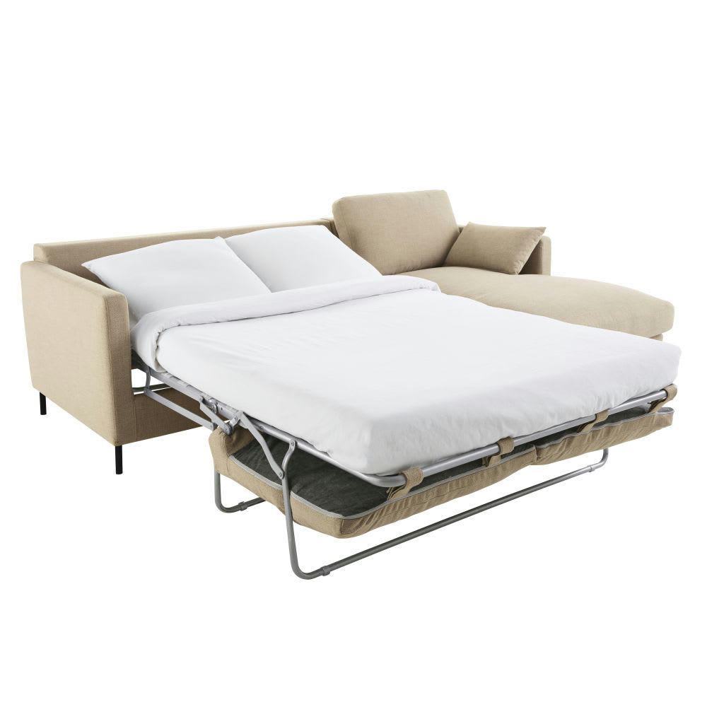 Julian - Canapé d'angle droit convertible 4/5 places beige, matelas 10 cm
