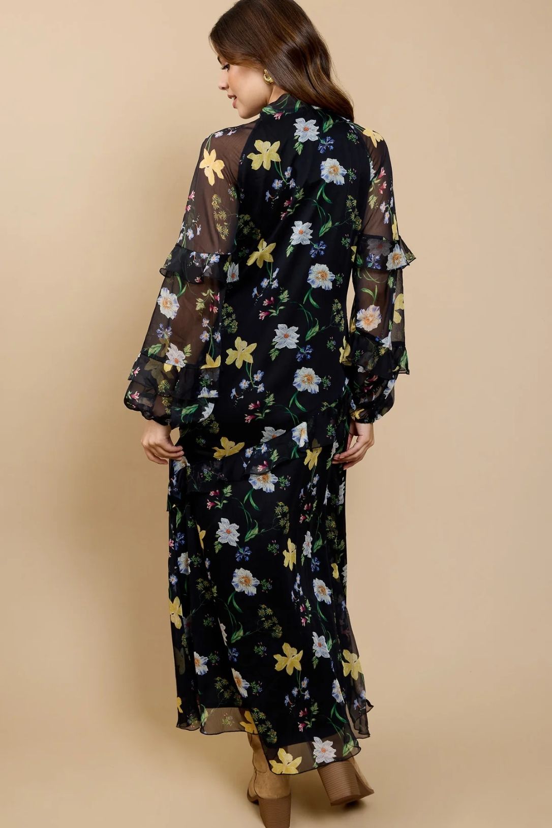 Little Mistress Black Floral Print Frill Midaxi Dress