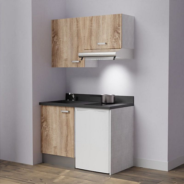 Kitchenette K01 - 120 cm - façades Bois - Plan monobloc en quartz coloris Nero évier à gauche