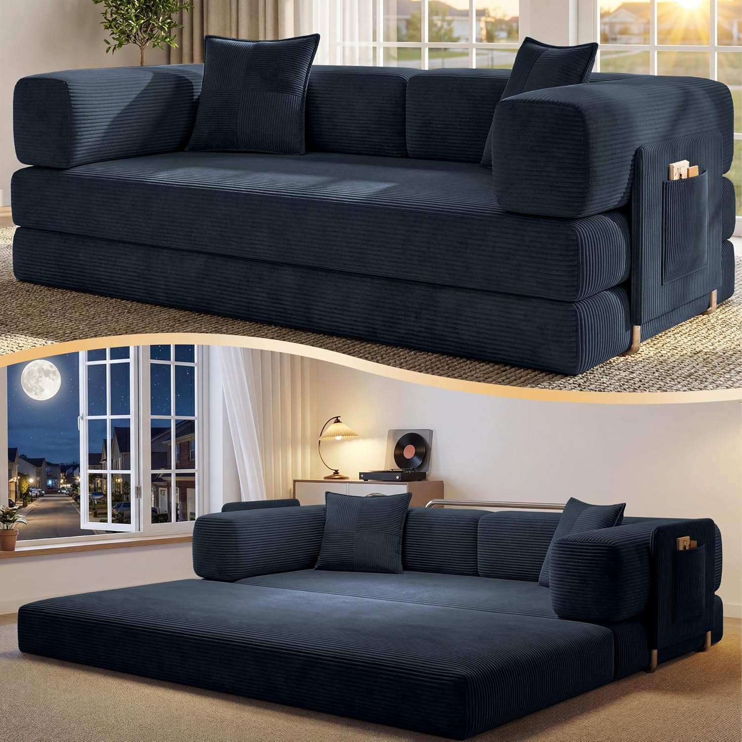 78.8 Convertible Sofa Bed,Corduroy Futon Couch with Storage Pocket,Folding Pull Out Futon Sofa,No Assembly Boneless Couch for Home & Apartment, Royal Blue