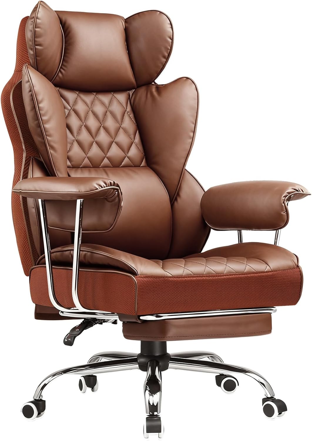 COMHOMA Big and Tall Office Chair, High Back Leather Gaming Chair with Footrest, Executive Ergonomic Office Chairs with Pocket Spring Lumbar Support and with Outward Fixed Soft Armrests