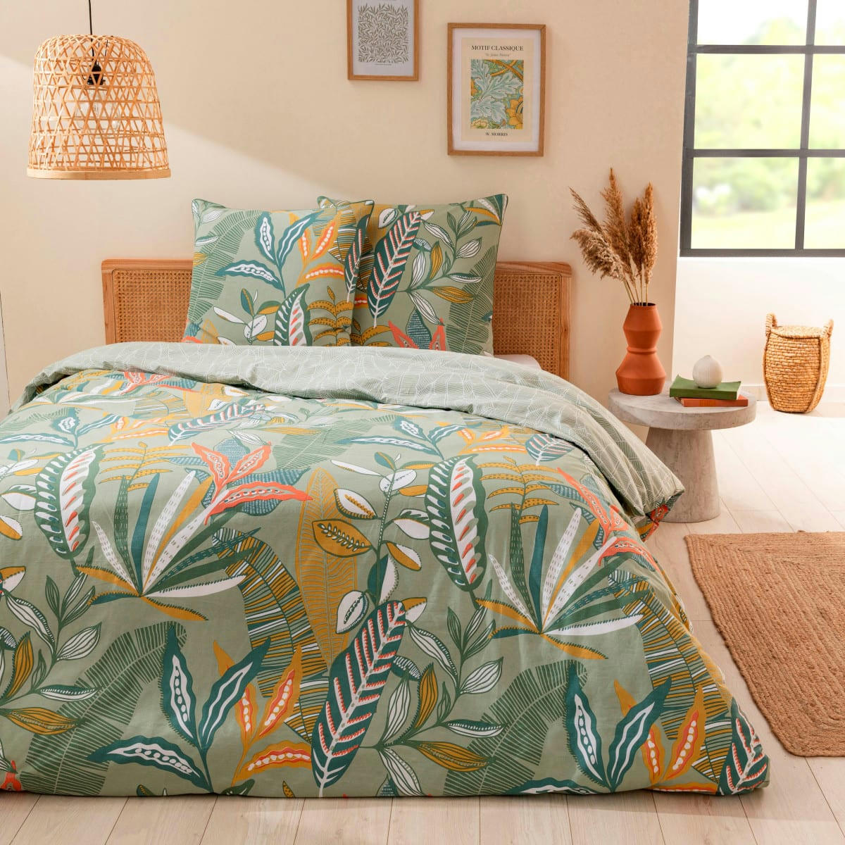 LILY - Parure de lit 2 personnes coton  imprimé vert 240x220cm