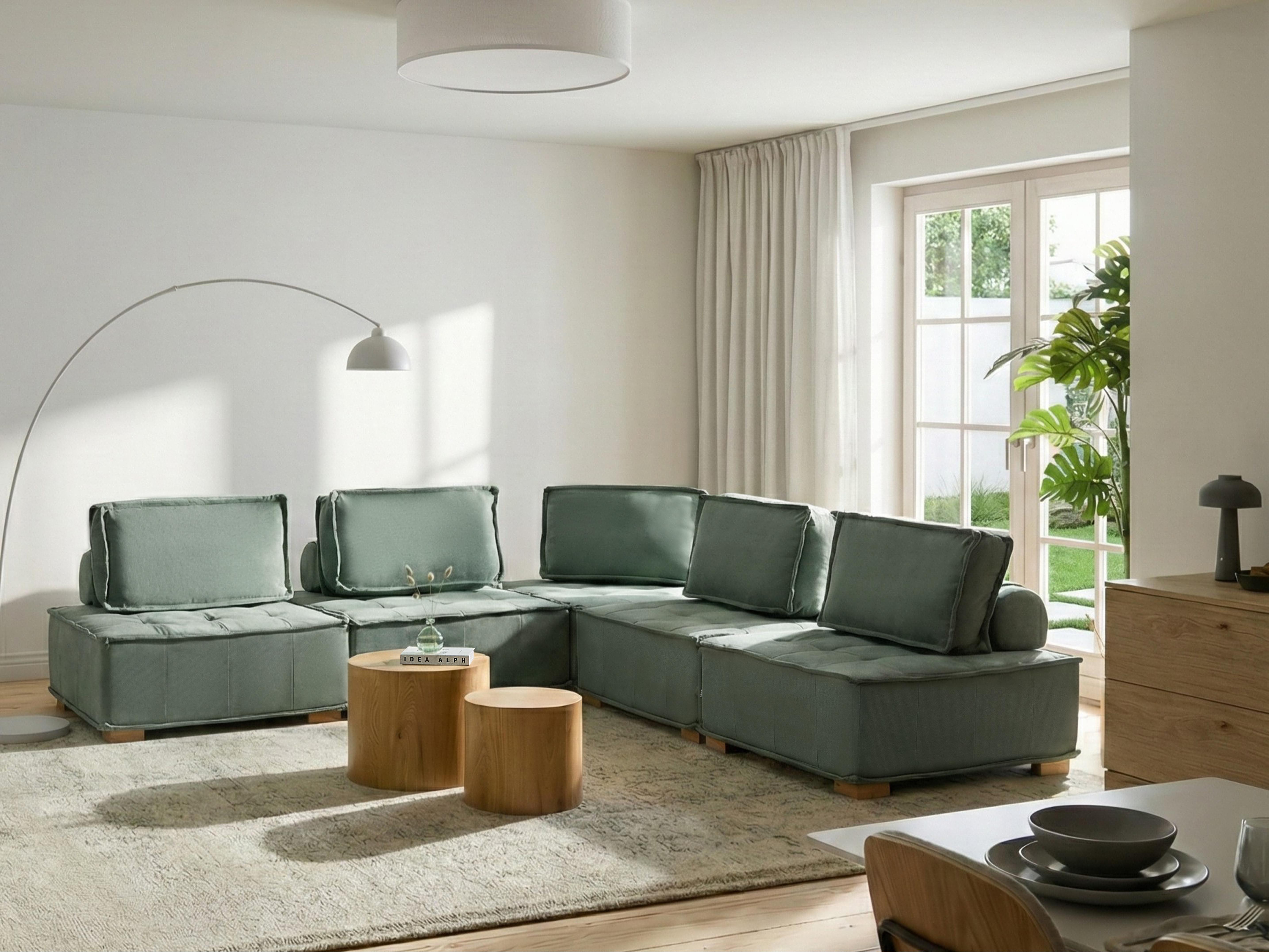 Modular Corner Sofa 5 Seater TIBRO Fabric Light Green Right Hand
