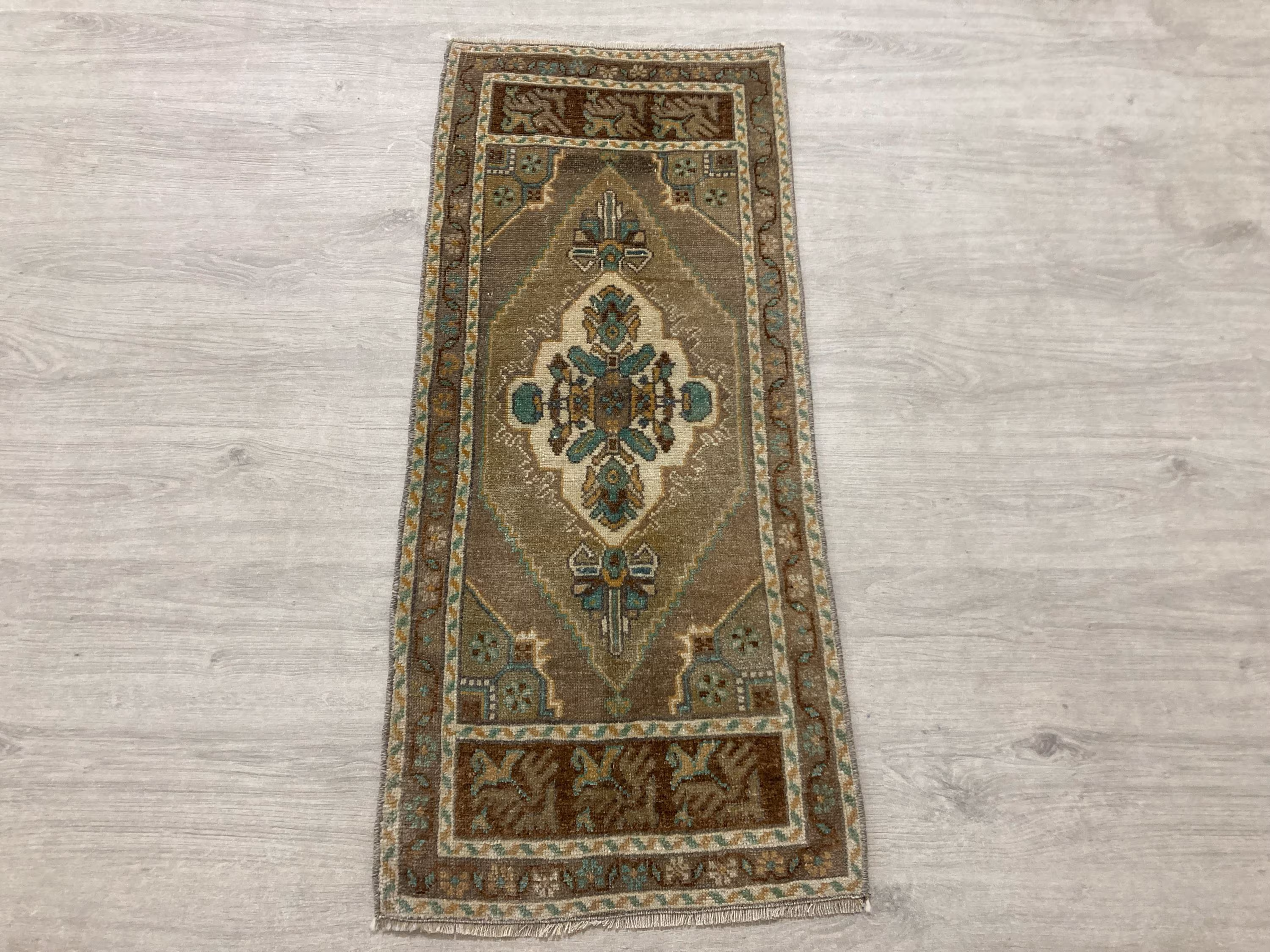 1.5x3.6 Ft Brown Vintage Turkish Rug, Small Door Mat, Handwoven Wool Rug, Antique Entryway Carpet, Neutral Boho Decor