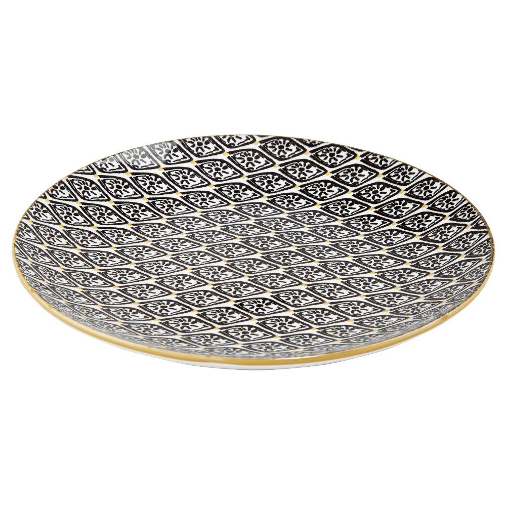 Assiette à dessert ronde Praia motif ethnique noir blanc jaune Ø19cm