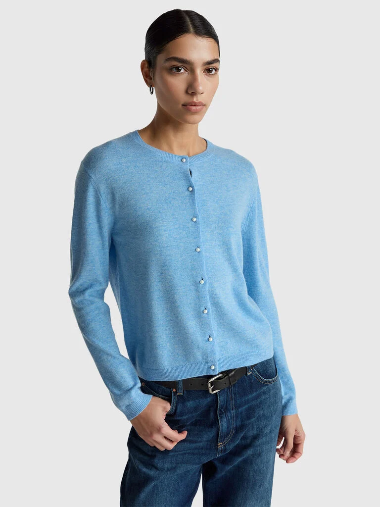 Light blue cardigan in pure Merino wool