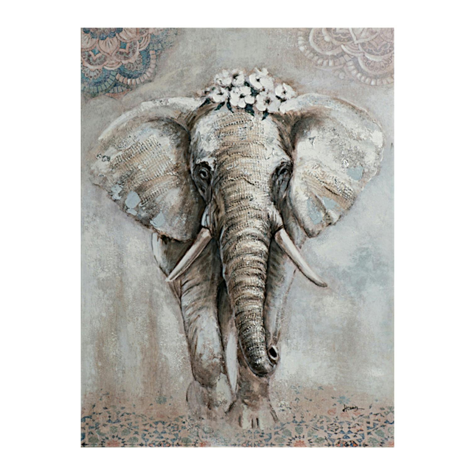 Tableau éléphant en marche avec fleurs