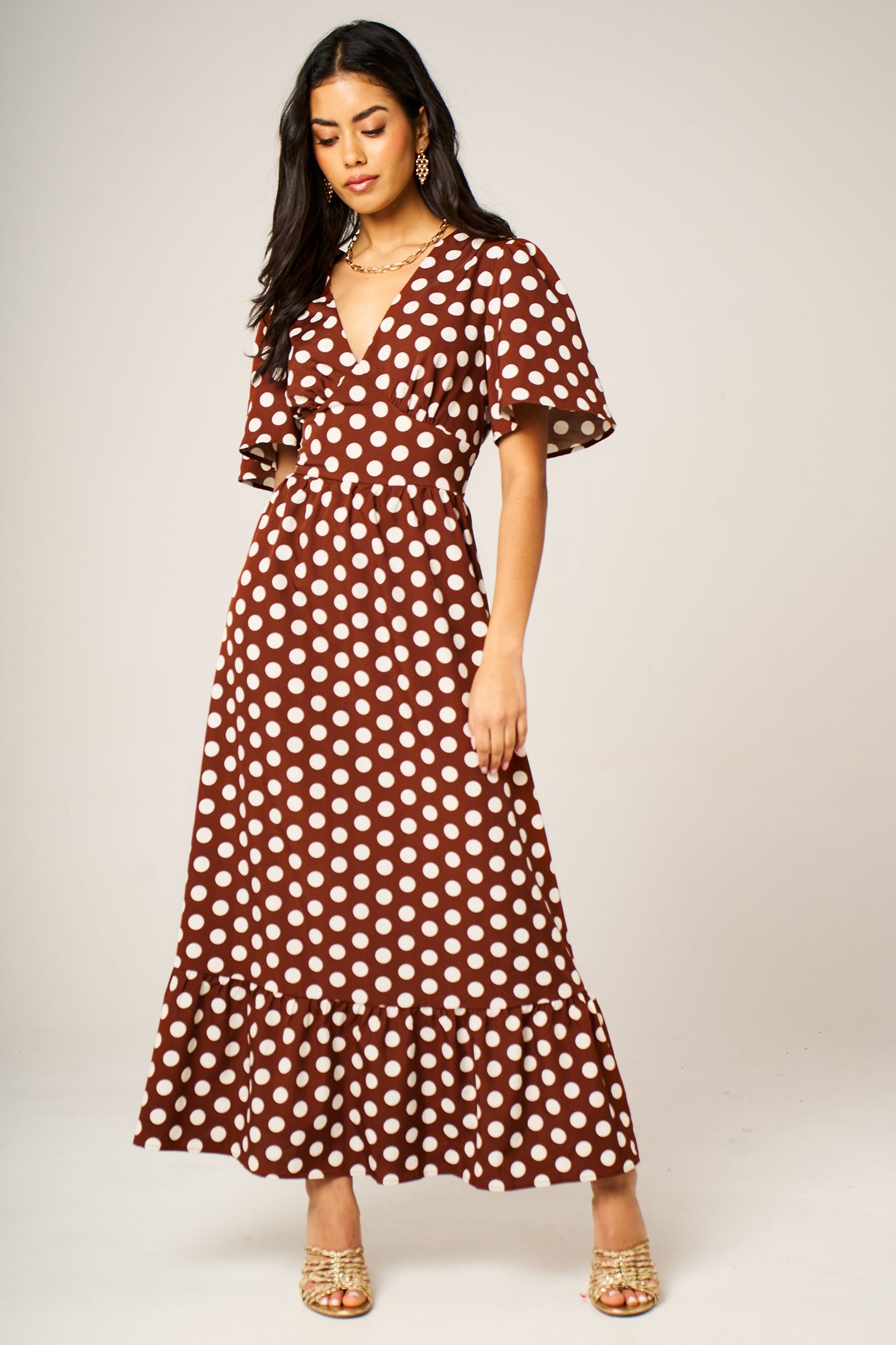 FS Collection Polka Dot V-Neck Angel Sleeve Midi Dress
