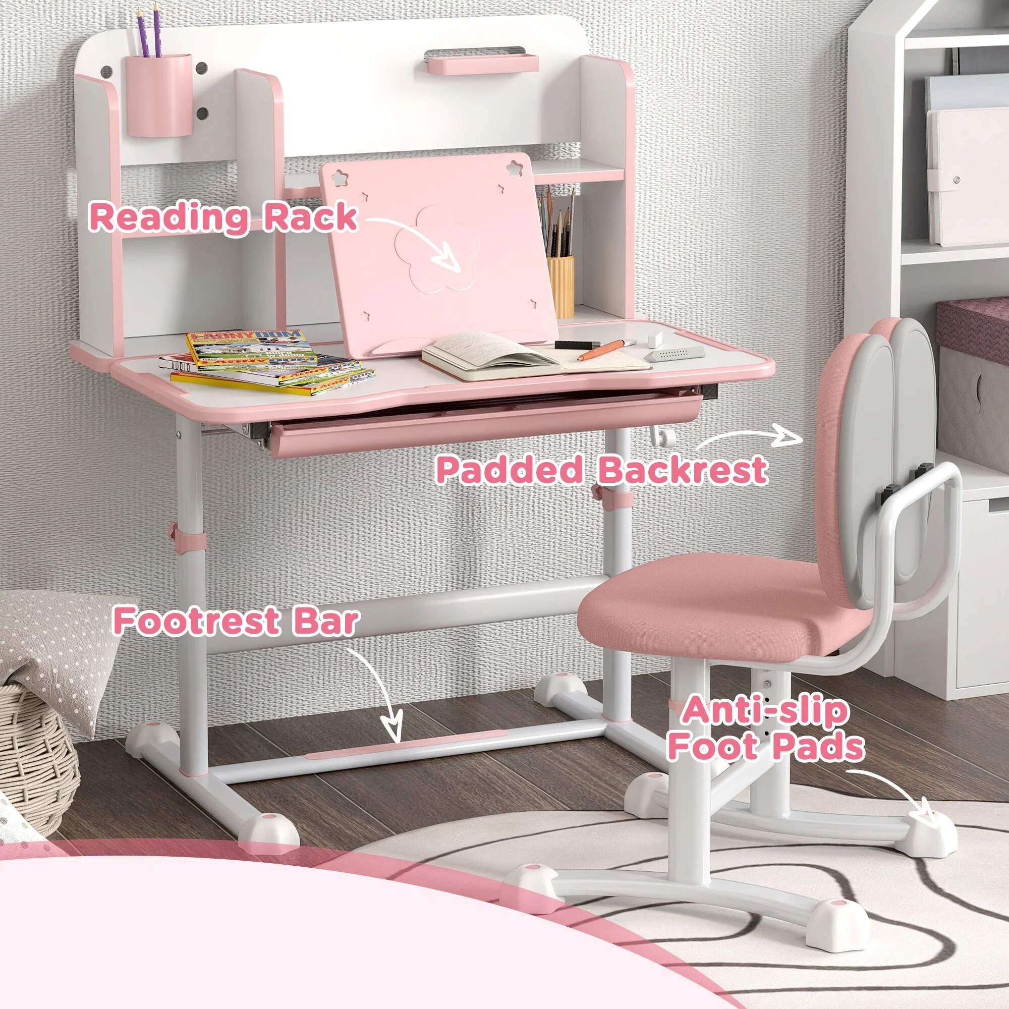 Ergonomic Kids Study Desk and Chair Set with Adjustable Height, Tilt Desktop, and Organized Storage
