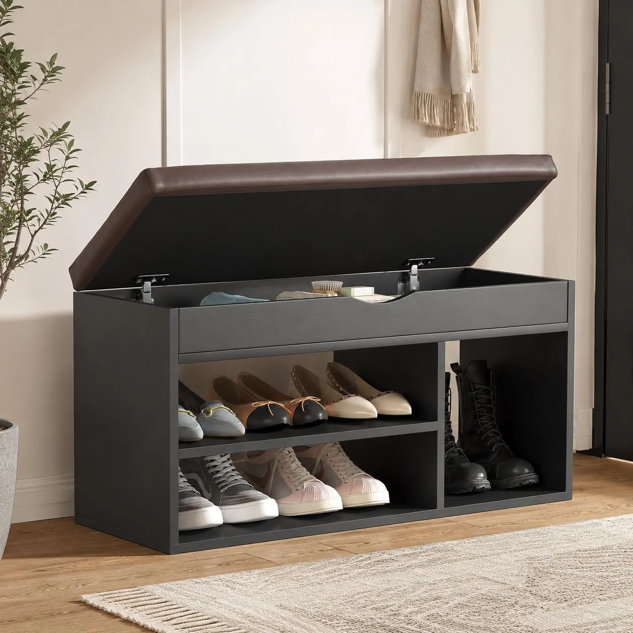 Shoe Storage Bench with Padded Seat, Black 2 Tier Entryway Shoe Rack with Hidden Storage, Wooden Organizer for Hallway Mudroom.
