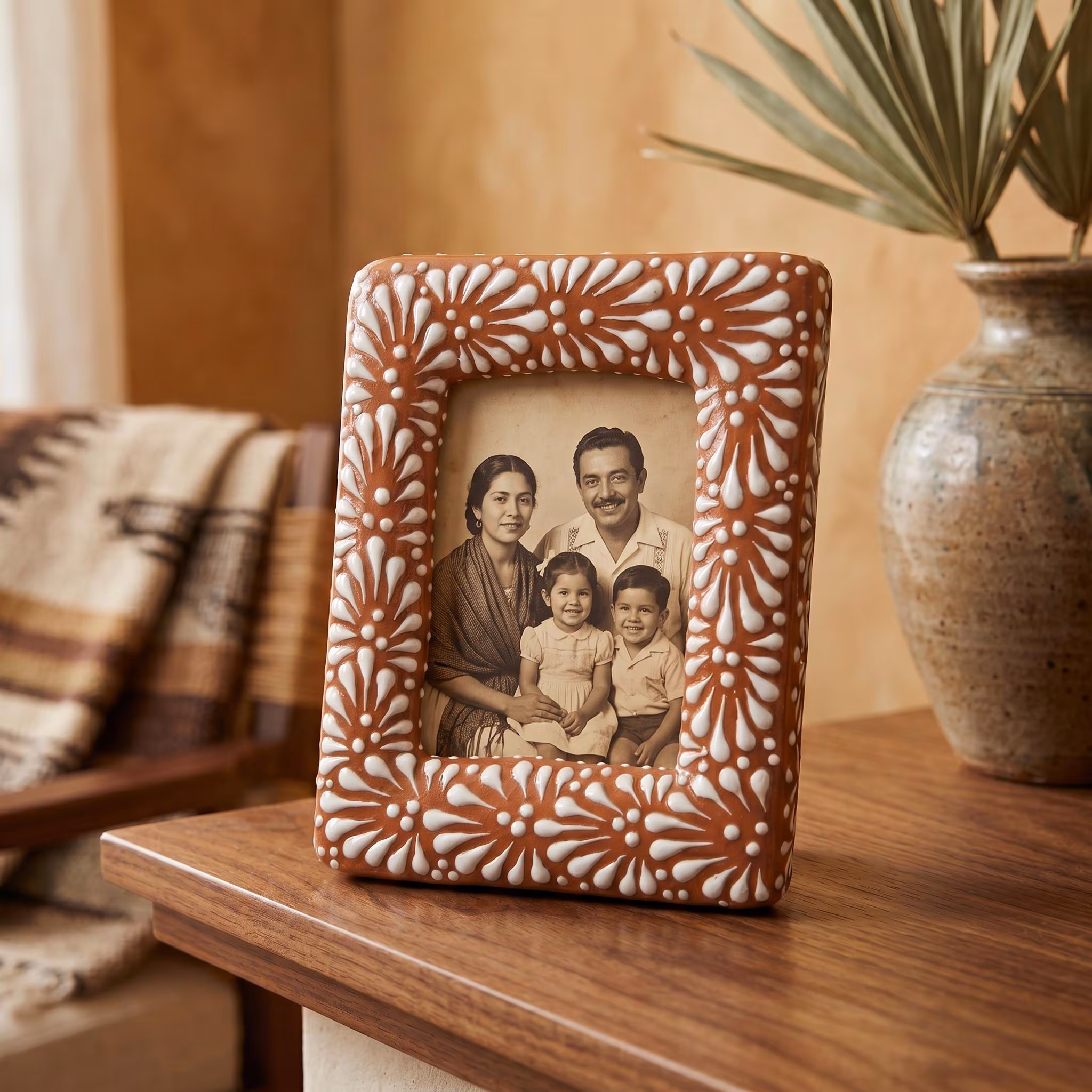 Hand Painted Mexican Talavera Vertical Picture Frame, Brown & White, Cielito Lindo