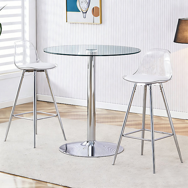 Ensemble Bar - Table de Bar Ronde avec 2 Tabourets en Plastique, Métal Pieds Argentés, Plateau Verre - Argent Transparent