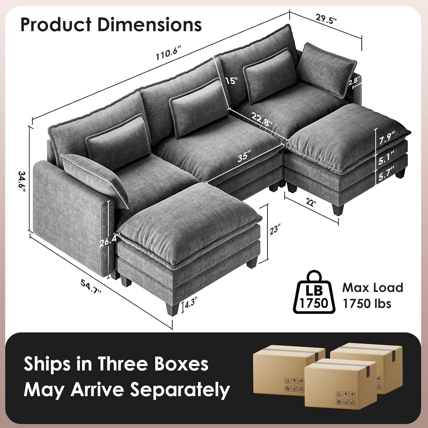Marsail Modular Sectional Sofa 110.6 U-Shaped Modern Comfy Cloud Couch, 5-Seat Chenille Deep Seat Sofa with Throw Pillow & Movable Ottoman for Living Room, Bedroom and Apartment, Grey