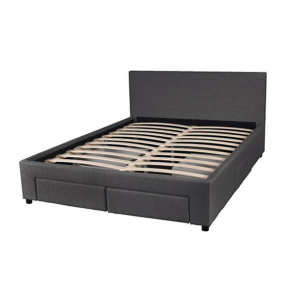 Lit 2 places 140x190cm Tissu Gris foncé LOUGNE inclus sommier et 4 tiroirs