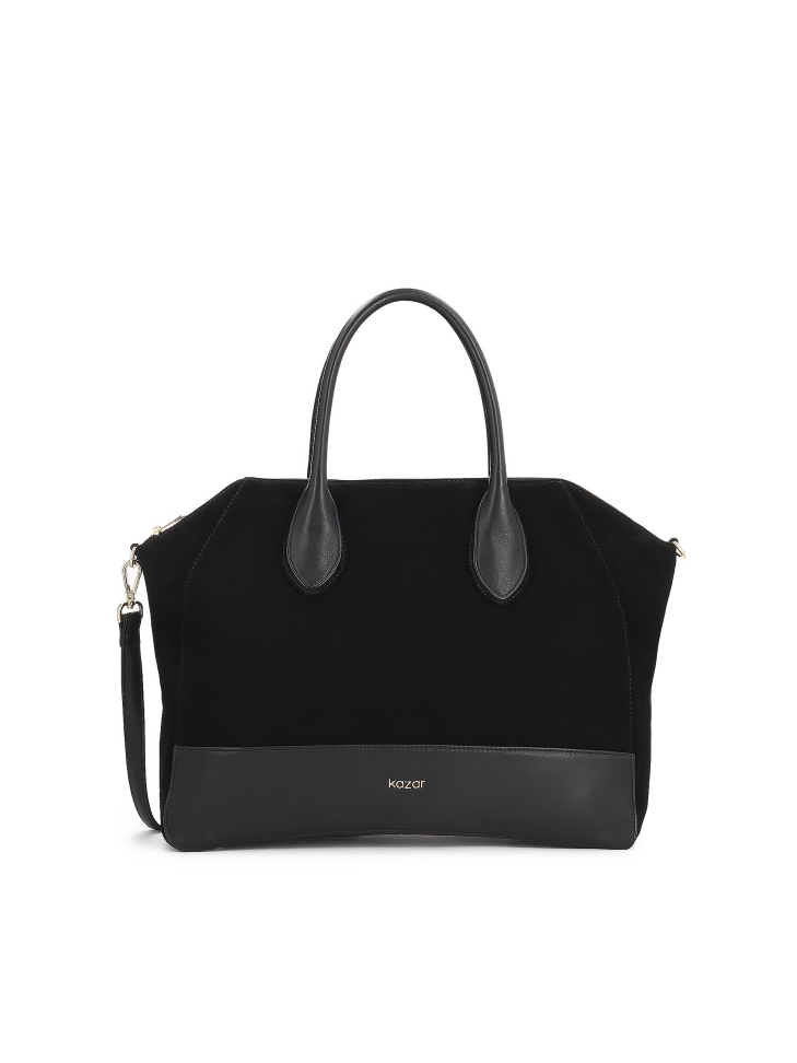 Black suede handbag with handles and strap